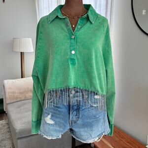 Blue B Collection French Terry Pullover Crop Top Rhinestone Fringe Detail Size L